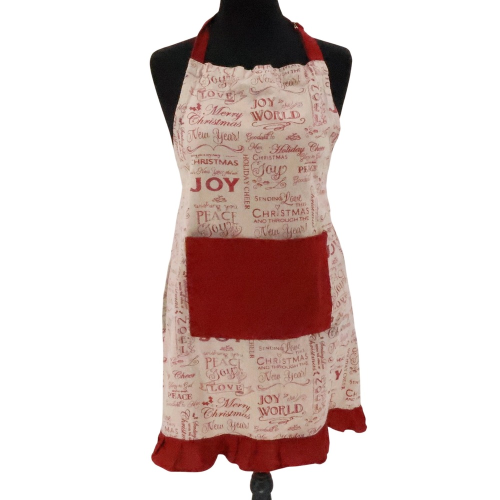 Vintage Holiday Christmas Apron Kitchen Womens Size OS Red Cream Joy Love Pocket